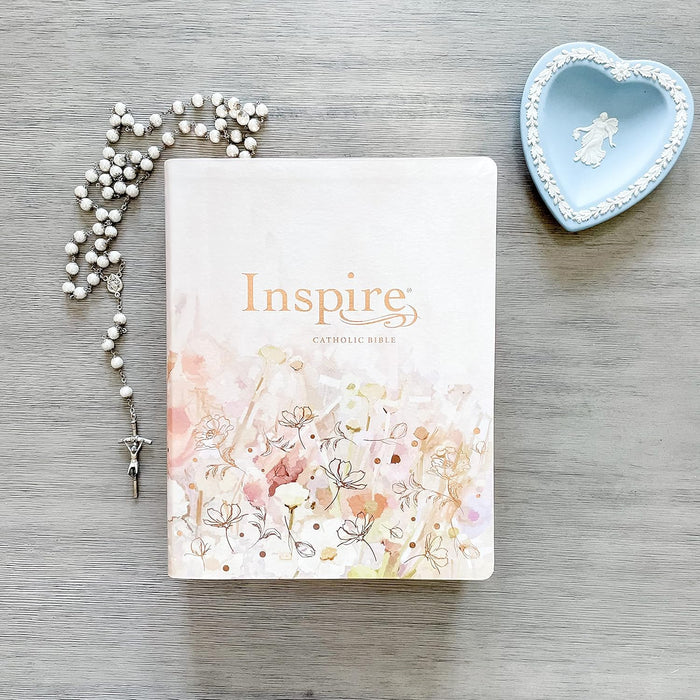 NLT Inspire Catholic Bible LgPrt Lthrlike Pink Fields Rose Gold