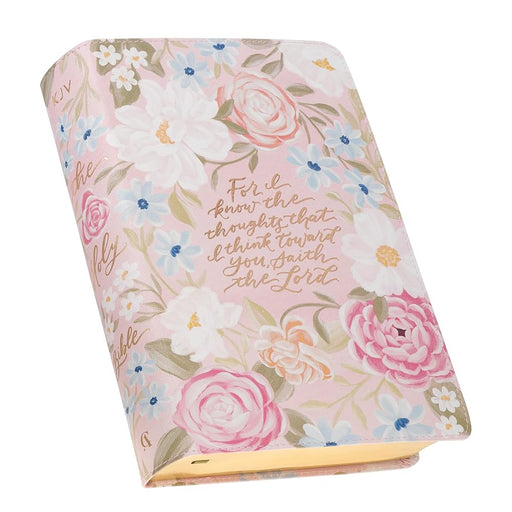 KJV Holy Bible, Giant Print Standard Size Red Letter Edition, Thumb Index Tabs & Ribbon Marker, King James Version, Vegan Leather, Pink Floral, 14 pt. Type cover image
