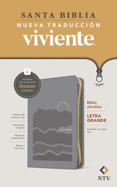 Biblia ultrafina NTV, letra grande de zíper con Filament, LeatherLike, Gray, Red Letter