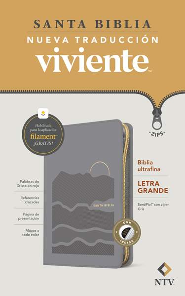 Biblia ultrafina NTV, letra grande de zíper con Filament, LeatherLike, Indexed, Gray, Red Letter