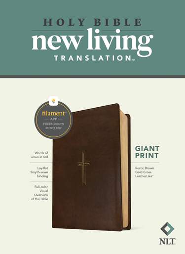 NLT Giant Print Bible, Filament Enabled, LeatherLike, Rustic Brown Gold Cross, Red Letter