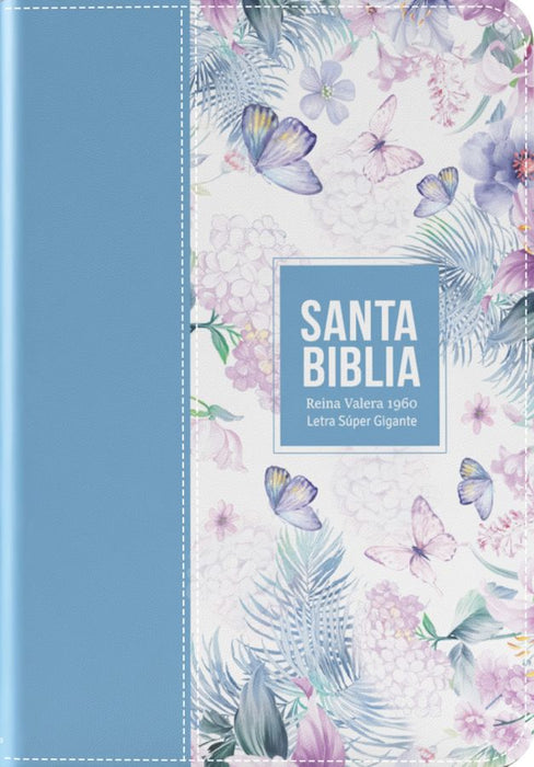 Biblia RVR 1960 Letra Súper Gigante / Símil piel Mariposas azul acero claro