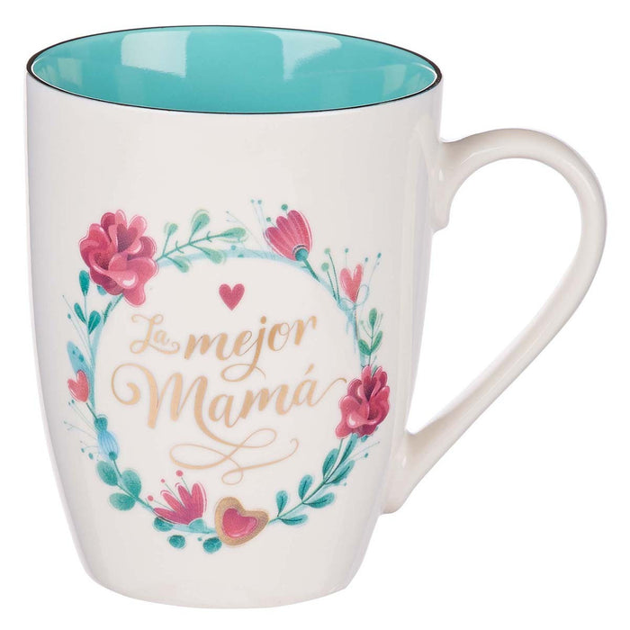 12oz Floral Mug w/Teal Interior - Le Mejor Mamá (The Best Mom)