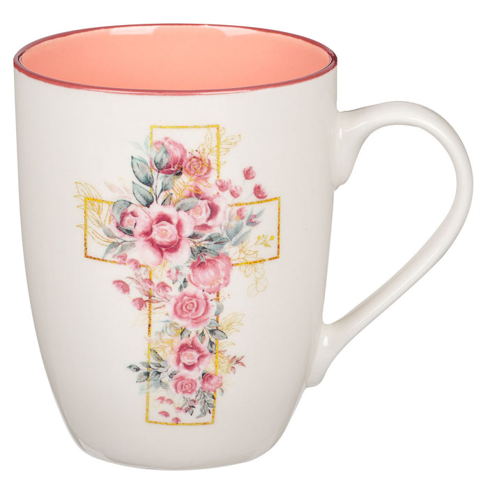 PINK FLORAL CROSS CERAMIC MUG - Morning Star Christian Bookstores