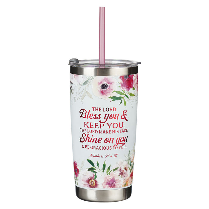 Bless You & Keep You White Floral Stainless Steel Tumblr W/Straw