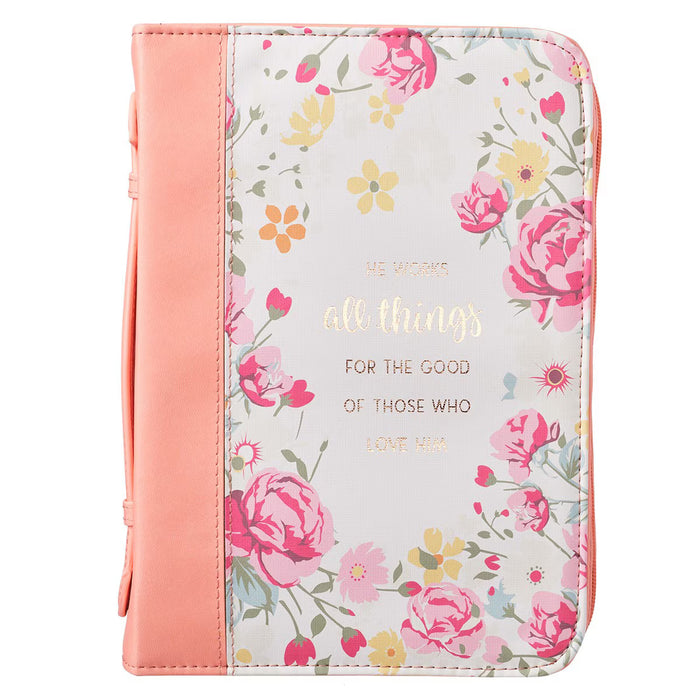 He Works All Things for Good Peach Floral Faux Leather Fashion Bible Cover - Romans 8:28 MD
