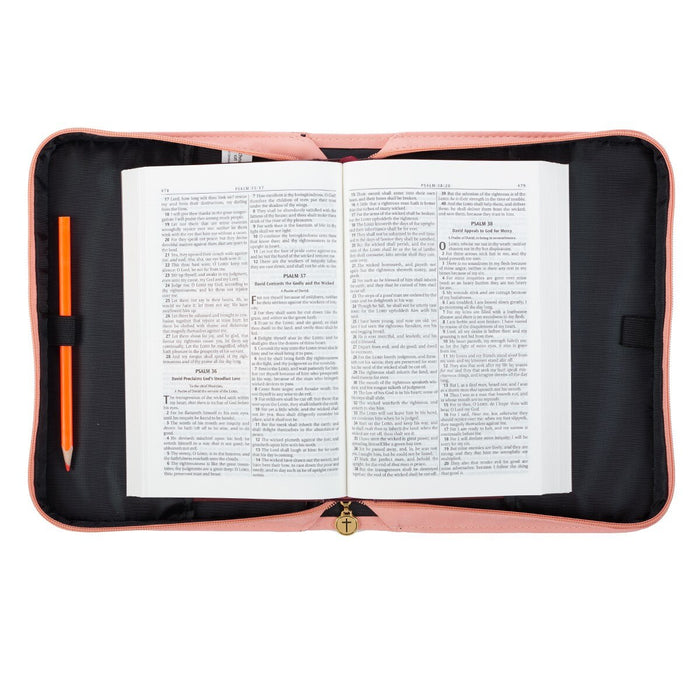 He Works All Things for Good Peach Floral Faux Leather Fashion Bible Cover - Romans 8:28 LG