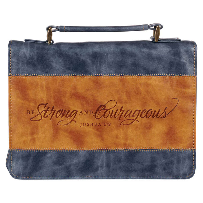 Strong and Courageous Butterscotch and Navy Classic Bible Cover - Joshua 1:9 Large