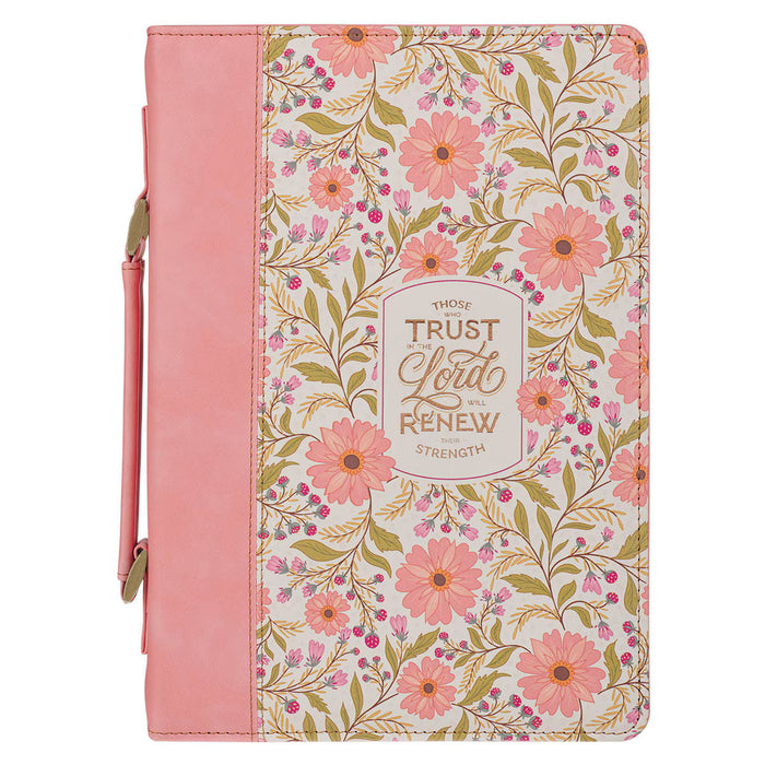 Those Who Trust Coral Pink Floral Faux Leather Classic Bible Cover - Isaiah 40:31 - Medium