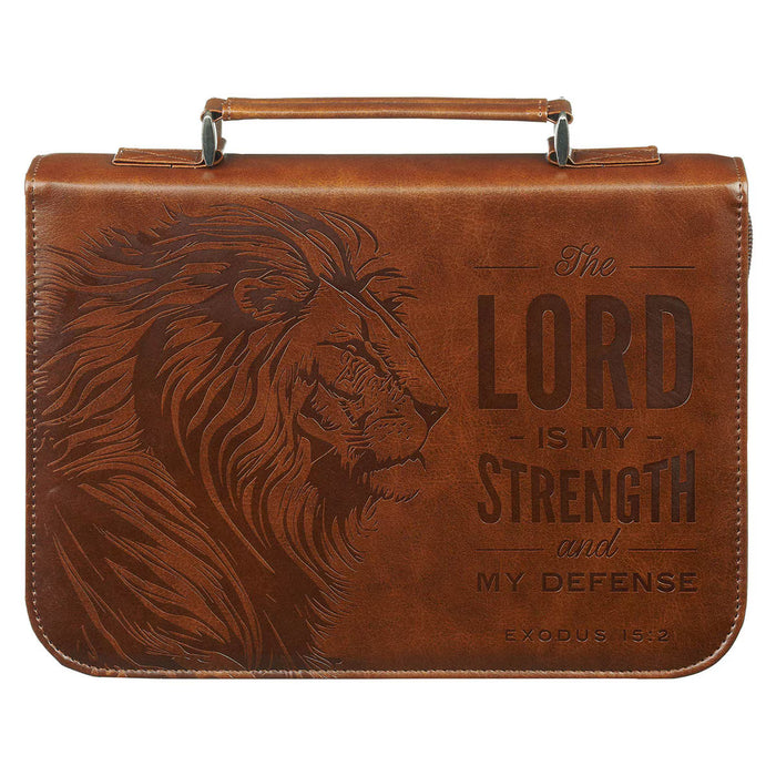 The Lord is My Strength Lion Honey-brown Faux Leather Classic Bible Cover - Exodus 15:2 - Medium