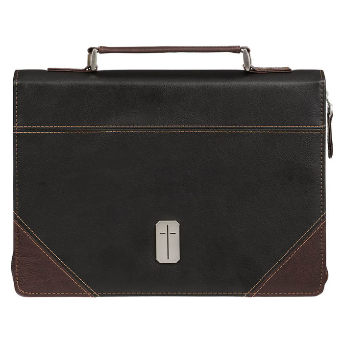 Pursue Righteousness Black and Walnut Brown Faux Leather Classic Bible Cover - 1 Timothy 6:11 - Medium