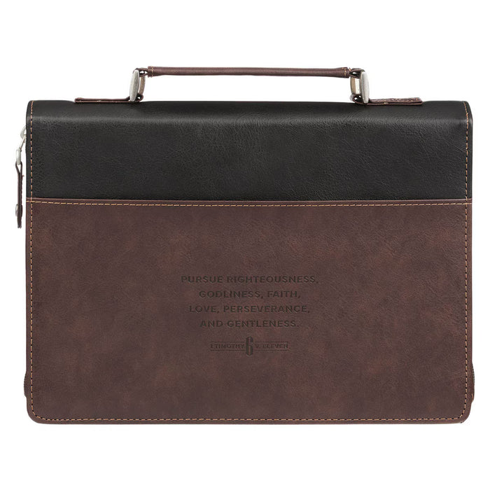 Pursue Righteousness Black and Walnut Brown Faux Leather Classic Bible Cover - 1 Timothy 6:11 - Medium