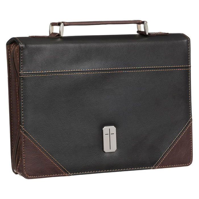 Pursue Righteousness Black and Walnut Brown Faux Leather Classic Bible Cover - 1 Timothy 6:11 - Medium