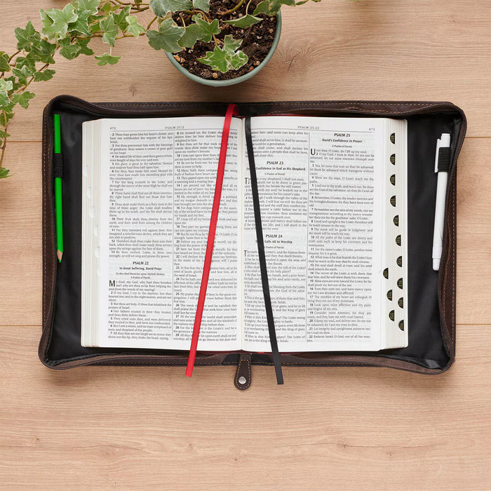 Pursue Righteousness Black and Walnut Brown Faux Leather Classic Bible Cover - 1 Timothy 6:11 - Medium