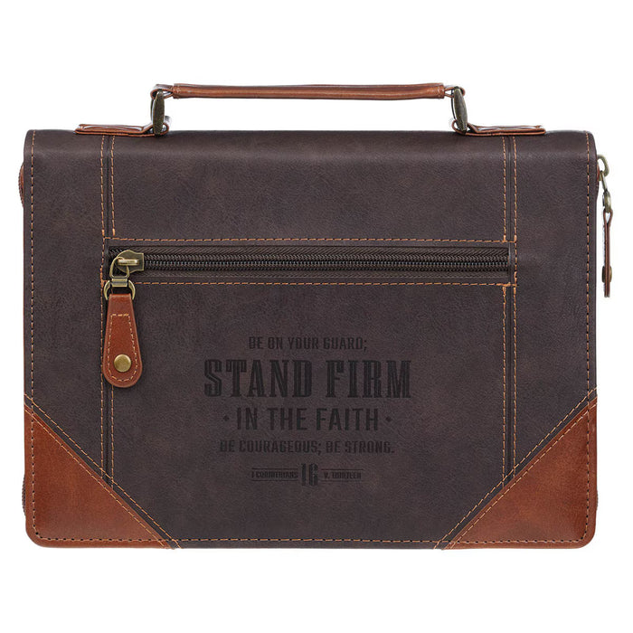 Stand Firm Espresso and Honey-brown Faux Leather Classic Bible Cover - 1 Corinthians 16:13 - Medium