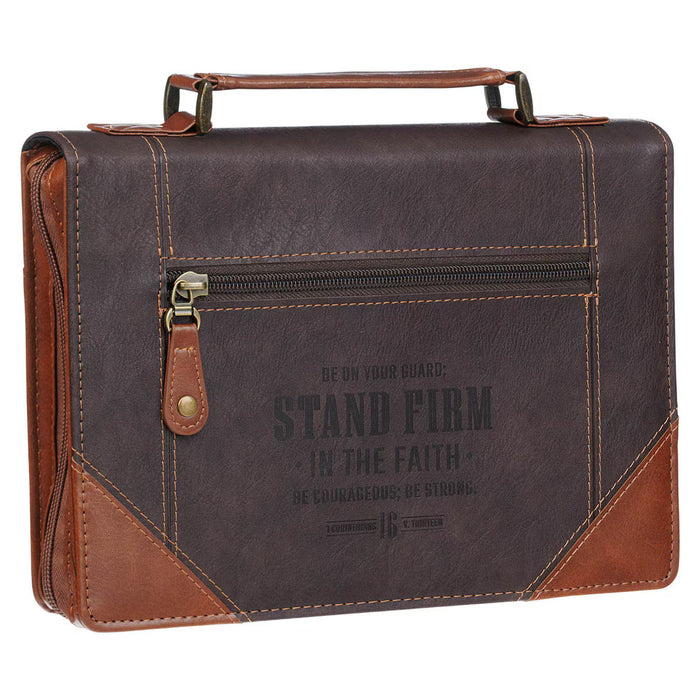 Stand Firm Espresso and Honey-brown Faux Leather Classic Bible Cover - 1 Corinthians 16:13 - Medium