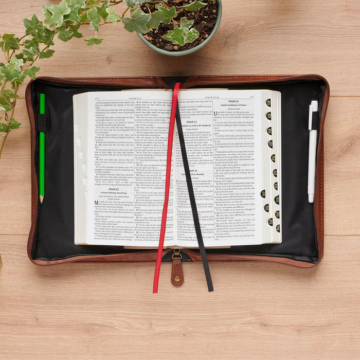 Stand Firm Espresso and Honey-brown Faux Leather Classic Bible Cover - 1 Corinthians 16:13 - Medium