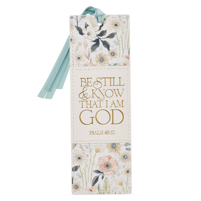 Be Still and Know White Floral Faux Leather Bookmark