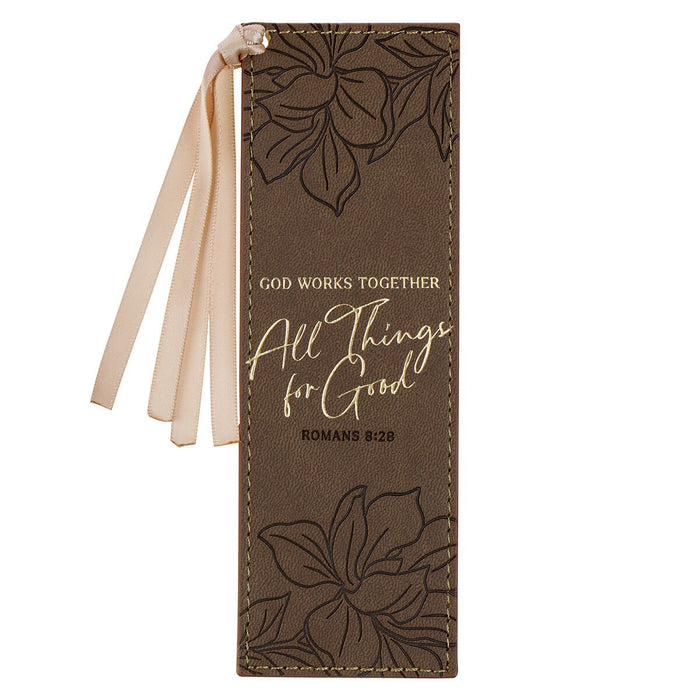 All Things For Good Ash-Brown Faux Leather Bookmark - Romans 8:28