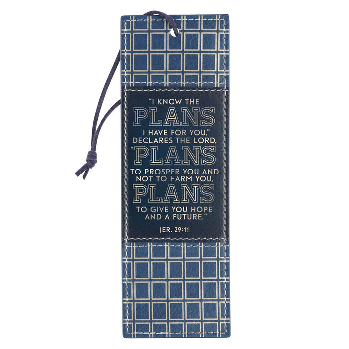 Plans Modern Blue Grid Faux Leather Bookmark - Jeremiah 29:11