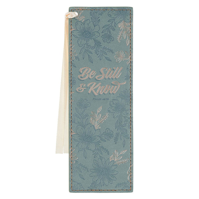 Be Still Teal Floral Faux Leather Bookmark - Psalm 46:10