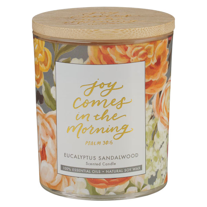 Joy Comes in the Morning Eucalyptus Sandalwood Scented Candle in a Glass Jar - Psalm 30:5