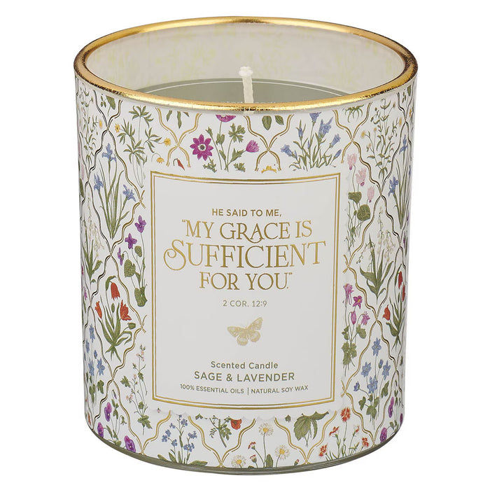 Sufficient Grace Sage and Lavender Scented Candle in a Glass Jar - 2 Corinthians 12:9