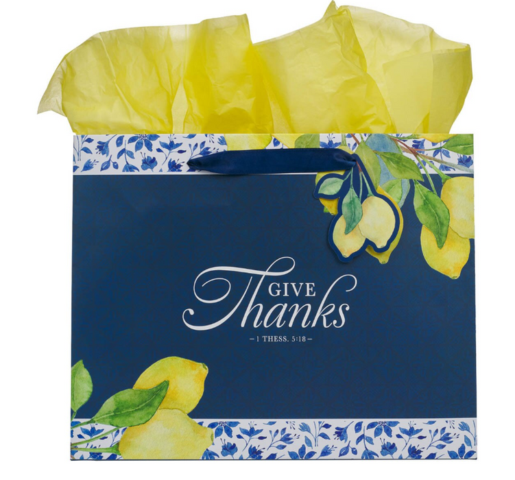 Give Thanks Blue and Yellow Lemon Large Landscape Gift Bag - 1 Thessalonians 5:18