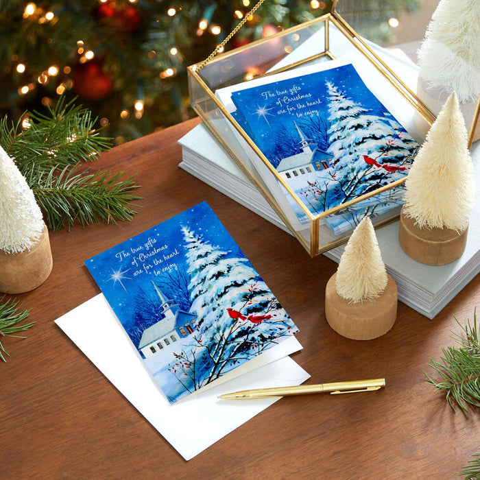 DaySpring Wintry Night With Cardinals and Church Boxed Christmas Cards, Pack of 16