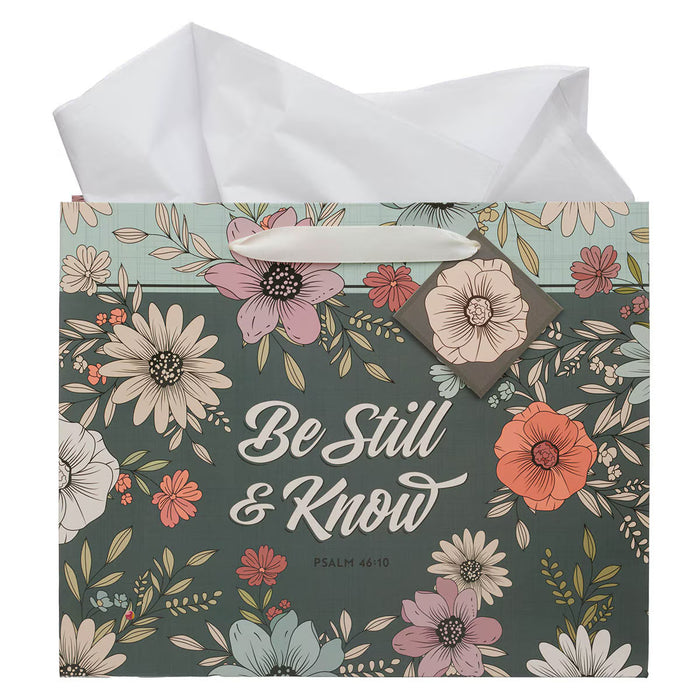 Be Still Teal Botanical Large Landscape Gift Bag - Psalm 46:10