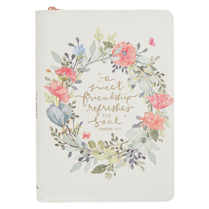 A Sweet Friendship Bright Floral Wreath Faux Leather Classic Journal with Zipper Closure - Proverbs 27:9