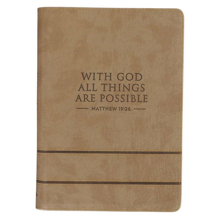With God All Things Are Possible Tan Faux Leather Journal with Zipper Closure - Matthew 19:26