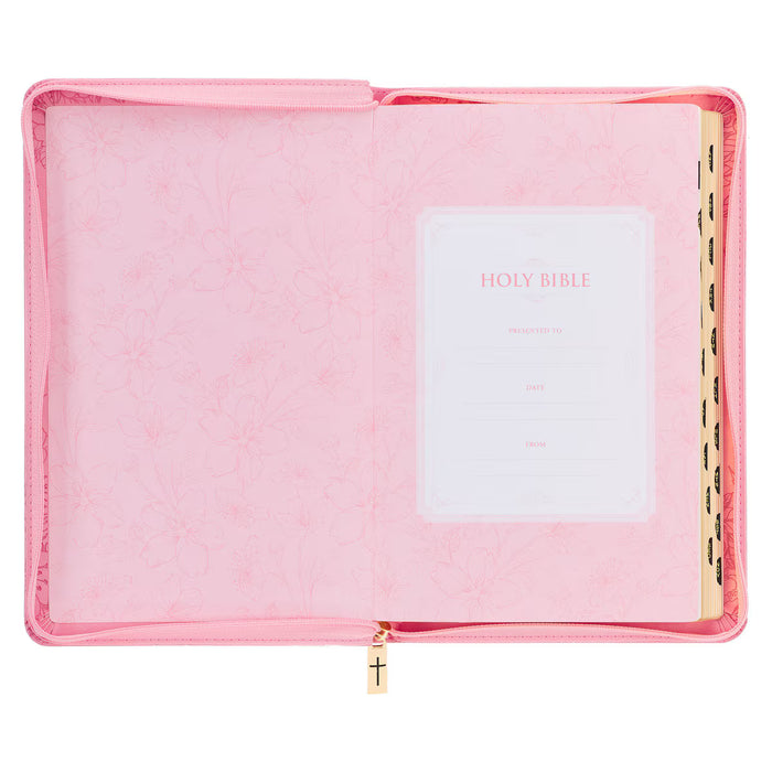 KJV Blossom Pink Faux Leather Deluxe Gift Bible with Thumb Index and Zippered Closure