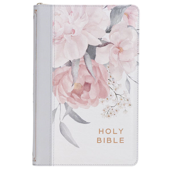 Frosty Gray and Pink Floral Faux Leather King James Version Deluxe Gift Bible with Thumb Index and Zipper Closure