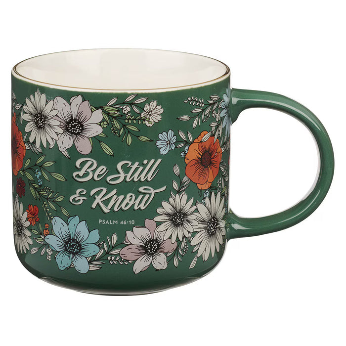 Be Still Teal Botanical Ceramic Coffee Mug - Psalm 46:10