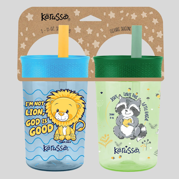 15 oz Silicone Straw Cup Raccoon & Lion (2 Pack)