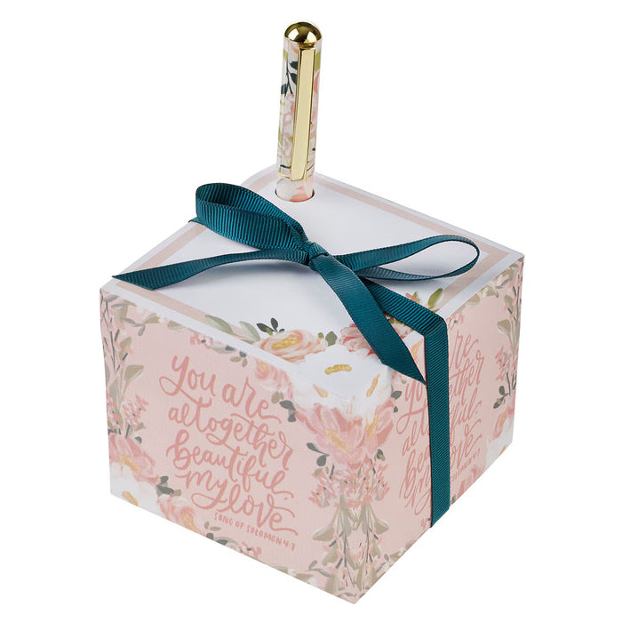 You Are Altogether Beautiful Pink Floral Note Block with Pen Set - Song of Solomon 4:7