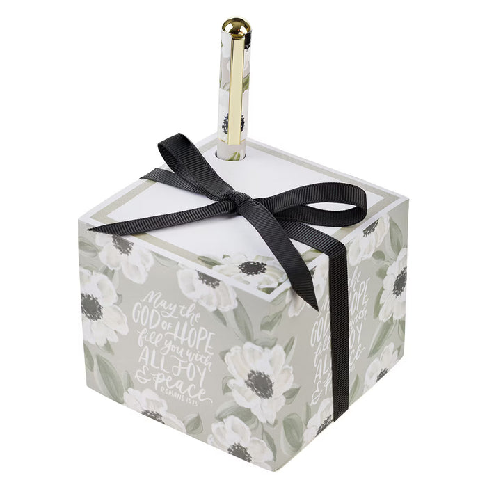 Joy and Peace Monochromatic Floral Note Block with Pen Set - Romans 15:13