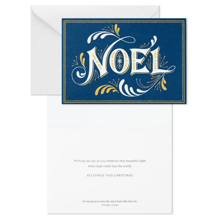 Noel Lettering on Blue Religious Boxed Christmas Cards, Pack of 16
