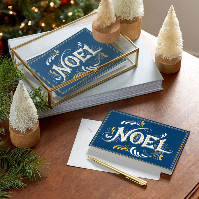 Noel Lettering on Blue Religious Boxed Christmas Cards, Pack of 16