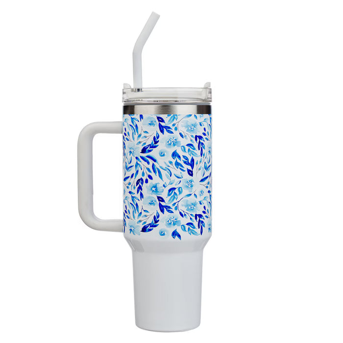 Trust in the Lord Blue Botany 40 oz Stainless Steel Travel Tumbler with Straw - Proverbs 3:5