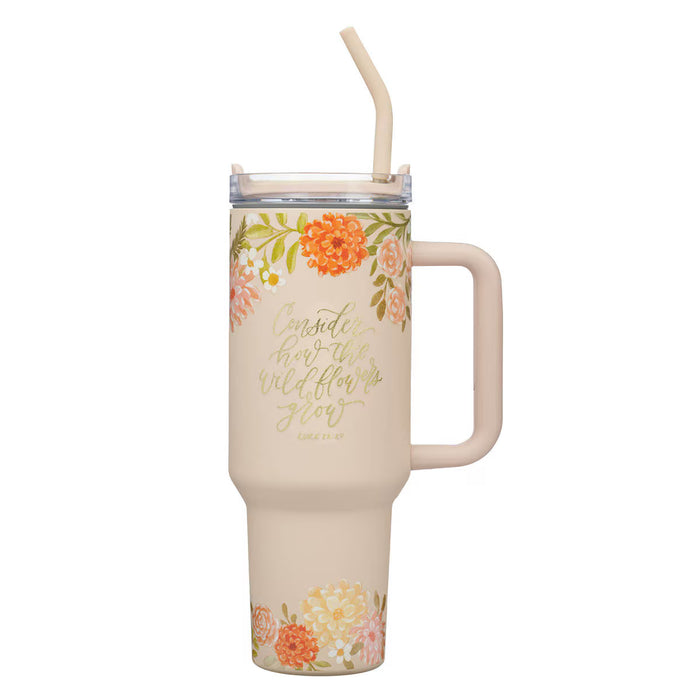 Consider the Wildflowers 40 oz Peach Stainless Steel Tumbler with Reusable Straw - Luke 12:27