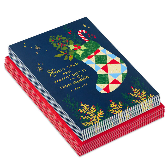 Patchwork Stocking Religious Boxed Christmas Cards, Pack of 16