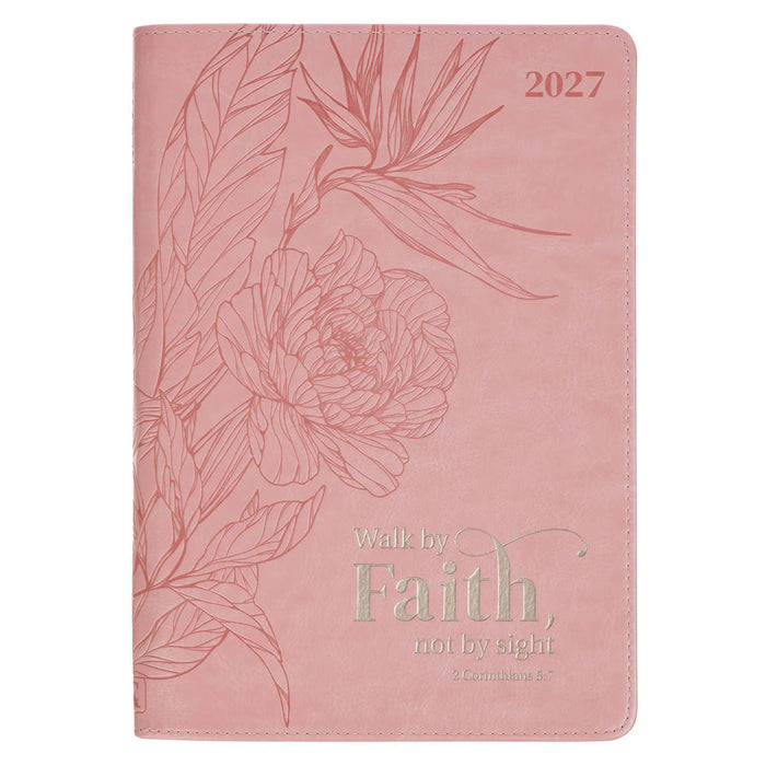 2027 Walk by Faith Pink Faux Leather Executive Planner with Zipper Closure - 2 Corinthians 5:7