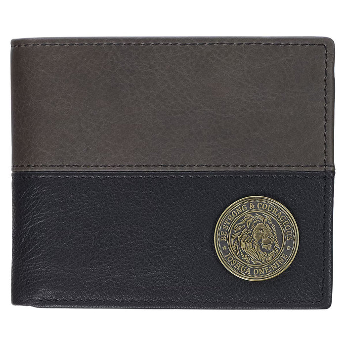 Strong and Courageous Black and Brown Full Grain Leather Wallet with Metal Badge - Joshua 1:9