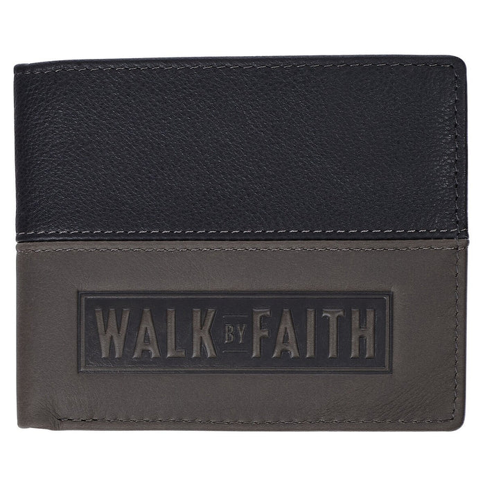 Walk by Faith Black and Gray Full Grain Leather Wallet - 2 Corinthians 5:7
