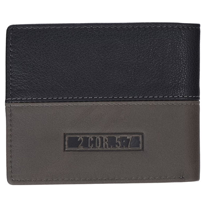 Walk by Faith Black and Gray Full Grain Leather Wallet - 2 Corinthians 5:7
