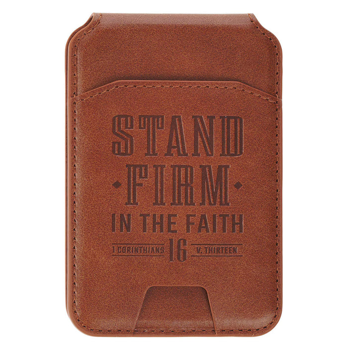 Stand Firm Honey-brown Faux Leather Phone Wallet with Stand - 1 Corinthians 16:13