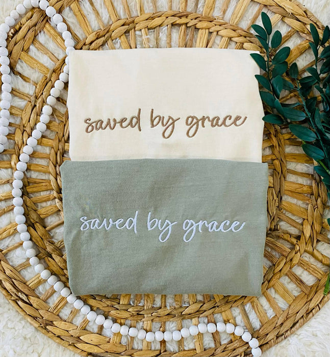 Saved By Grace Embroidered Tee - Sandstone