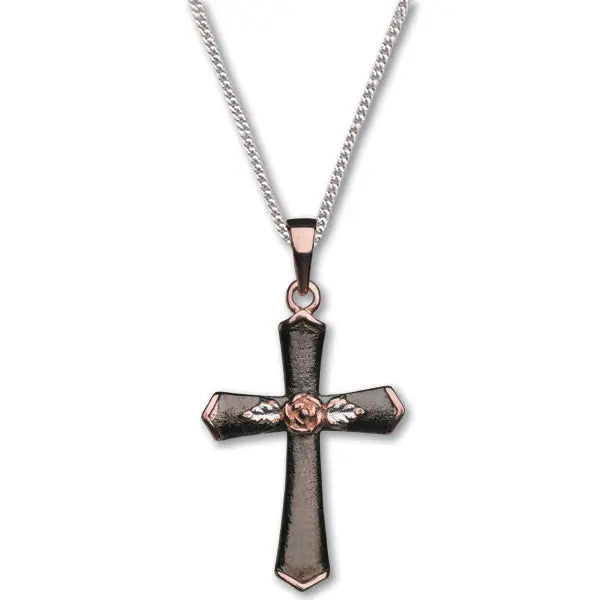 Sterling Silver Tapered Cross/Rose Necklace, 1″